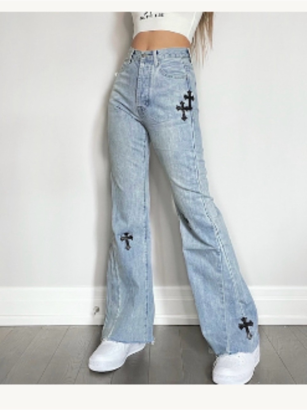 Light Blue High-Rise Wide Leg Jeans with Cross Appliqué
